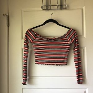 Black and Red Striped Off-the-Shoulder Crop Top